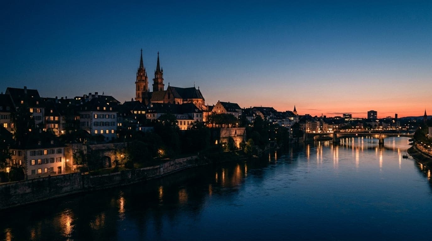 Basel zur blauen Stunde mit Rhein und Münster